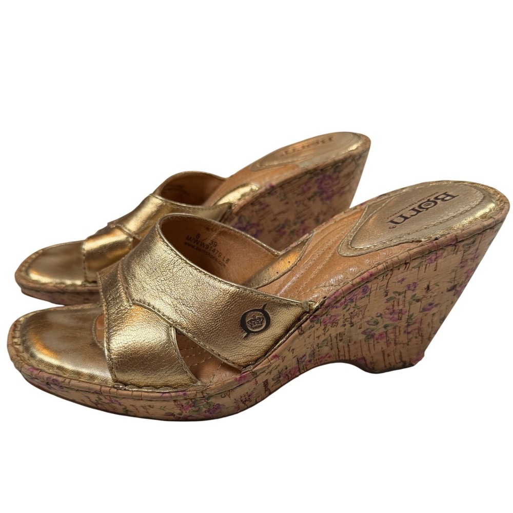 Born Gold Metallic Leather Floral Cork Wedge Sandals Slide W91479 L8 Womens 8